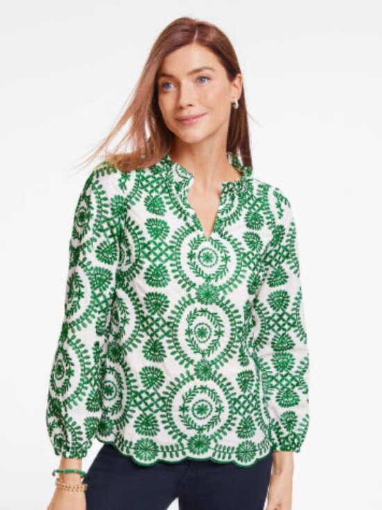 Talbots Tops - Talbots White with Green Embroidered Medallions Blouse.  Plus Size NWT